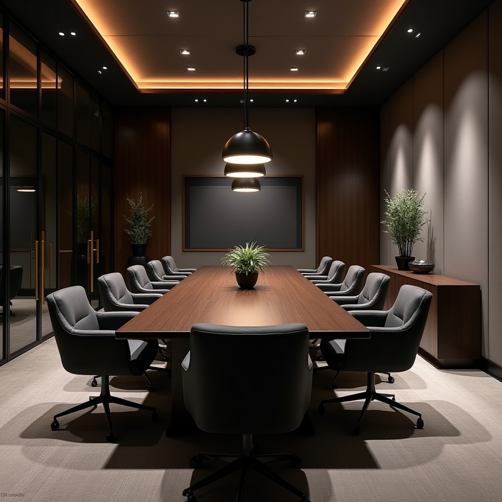 Sala riunioni moderna con illuminazione studiata e arredi ergonomici